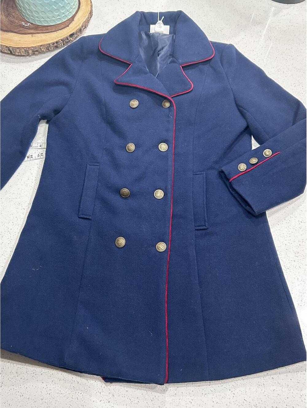 NorthStyle Navy Blue Military Peacoat - Red Contrast Trim -Gold Nautical Buttons - Picture 9 of 9